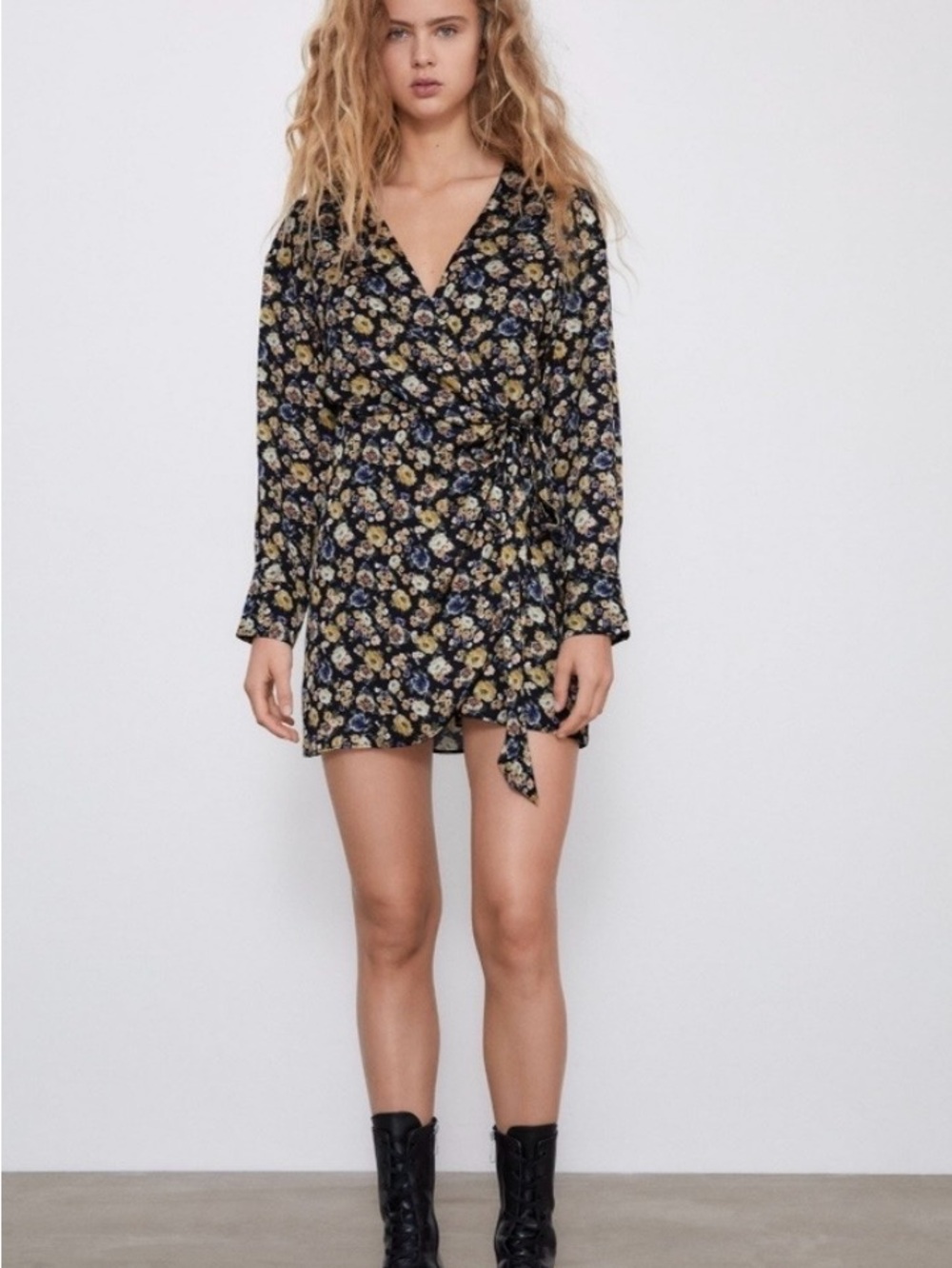 Zara Black Floral Wrap Mini Dress with Yellow and Blue Blooms